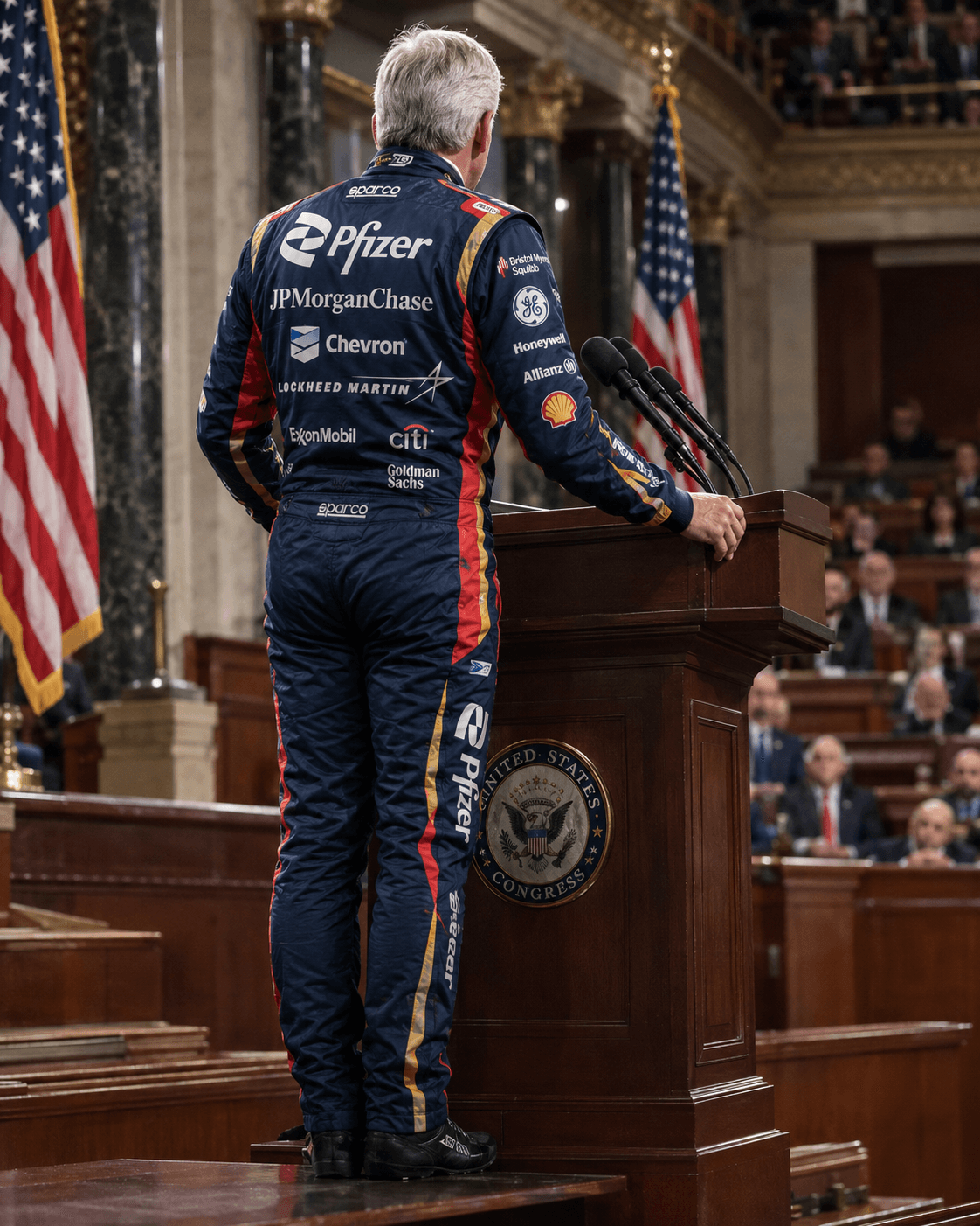 A figure in a NASCAR racing suit covered in corporate sponsor logos stands at the United States Congress podium